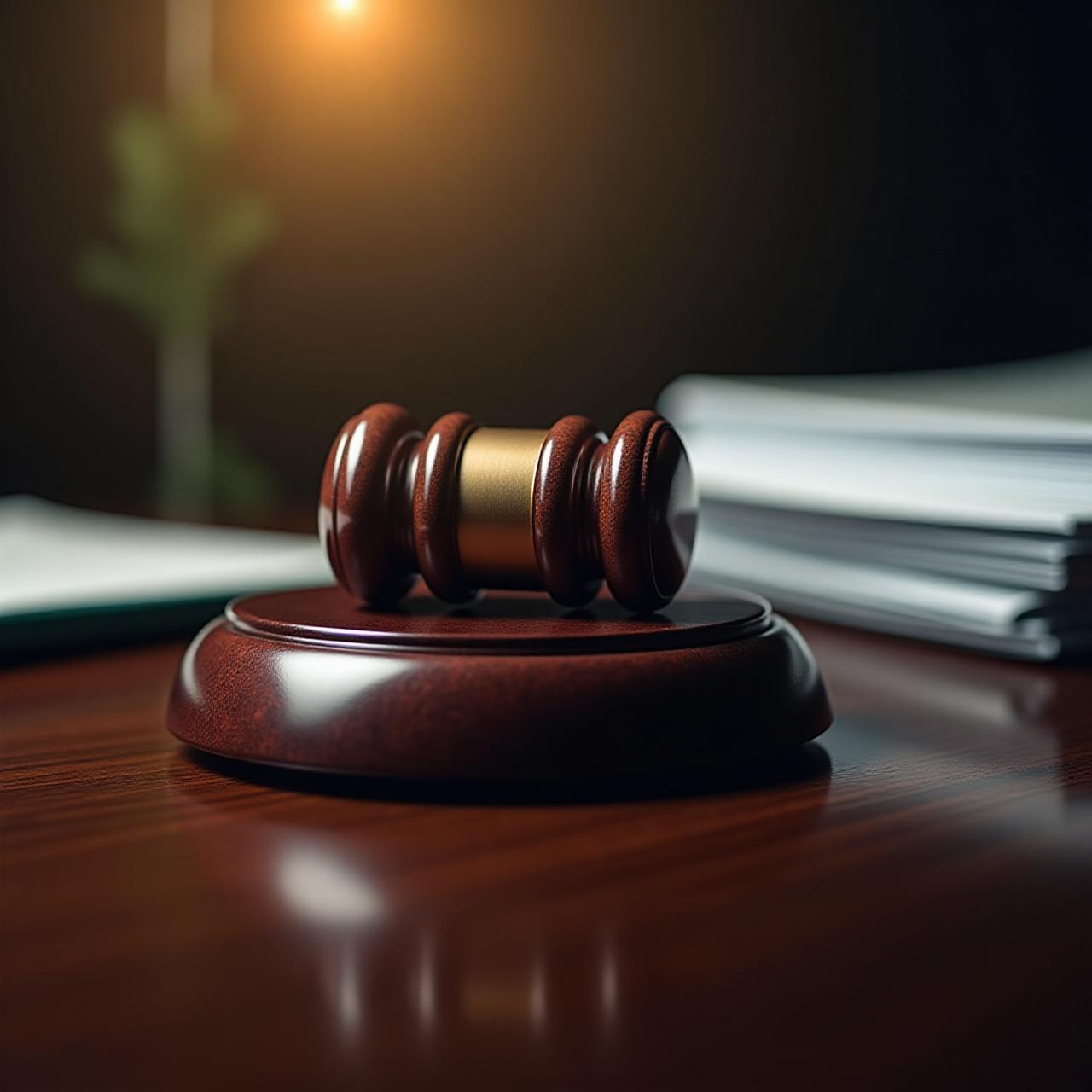 Legal documents and a gavel on a dark wooden desk