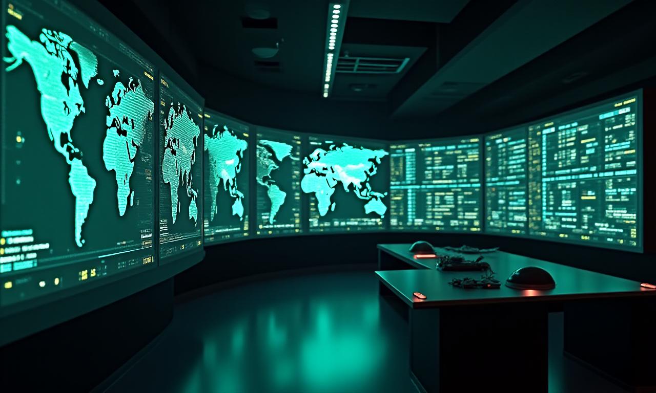 Logistics dispatch center with modern tracking screens